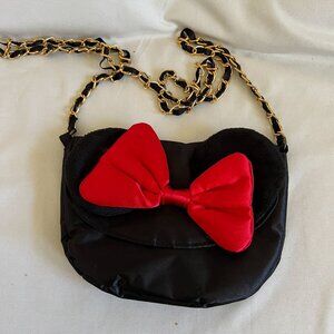 Disney's Minnie Mouse Black Satin Crossbody Bag With Red Bow & Fur Ears Gold Cha